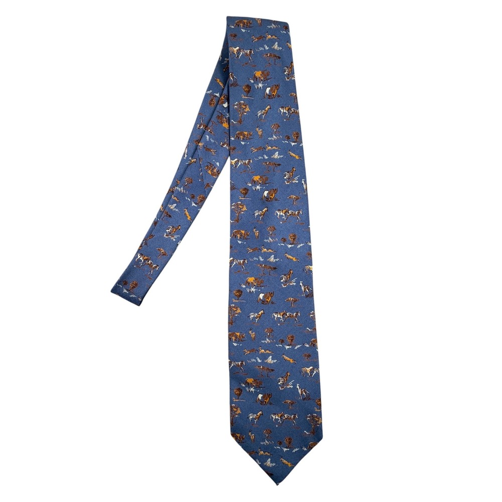 Ermenegildo Zegna Mens Tie Safari Animal Print Silk Blue 57"